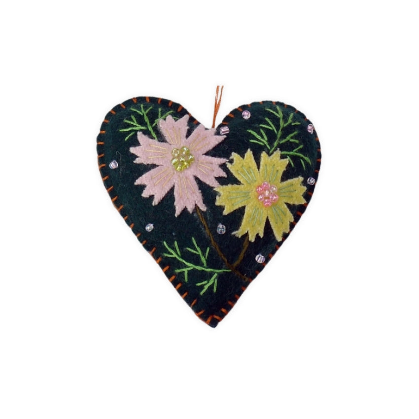 Dark Green Heart with Flowers Felt Bauble