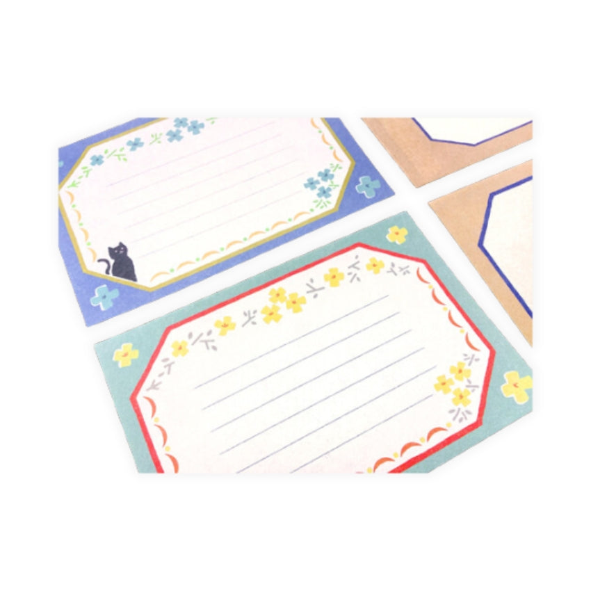 Furukawashiko Mini Letter Set - Black Cat and Flowers on Blue