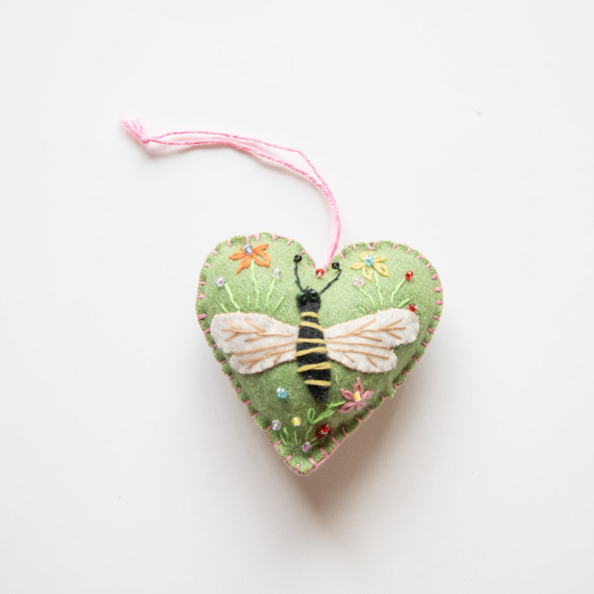 Green Heart with Bumble Bee Felt Bauble