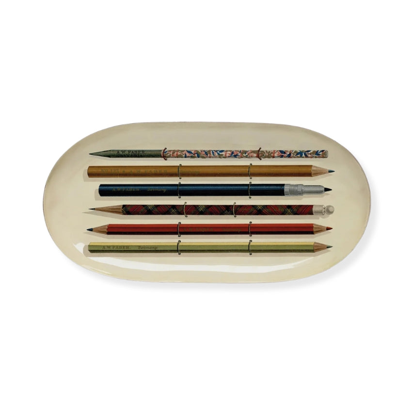 Oval Enamel Printed Tray - Vintage Pencils
