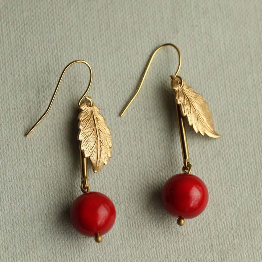 Vintage Brass Red Cherry Earrings