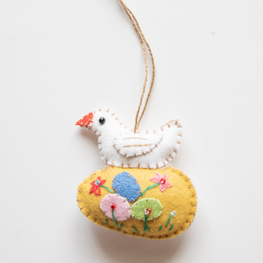 White Chick on Yellow Egg Felt Bauble