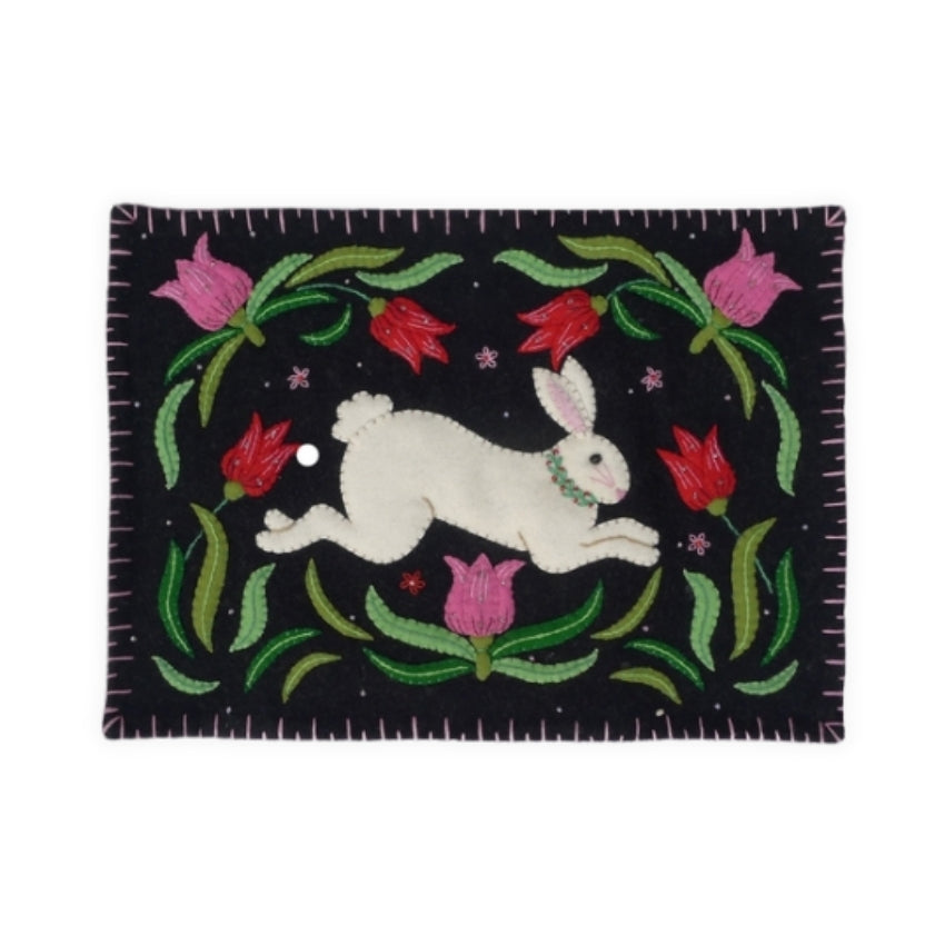 White Rabbit with Black Background Felt Pillow
