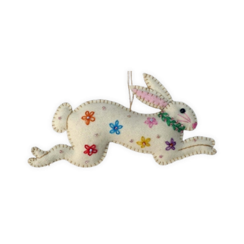 White Rabbit with Flower Design Felt Bauble